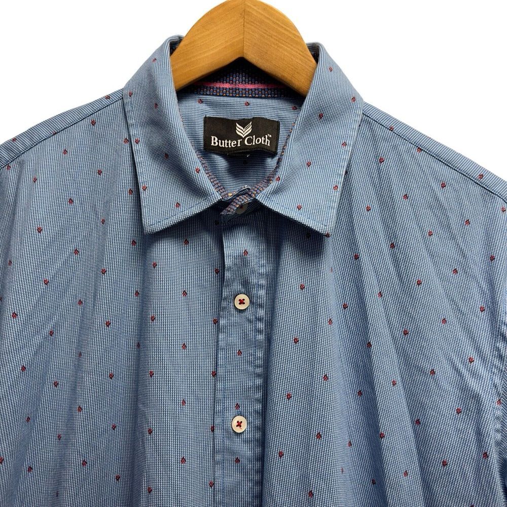 Butter Cloth Mens Size XL Button Front S/S Light Blue Geometric Shirt Cotton euc